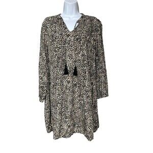 Old Navy Women's L Leopard Print Tassel Tunic Blouse Top Rayon V-Neck